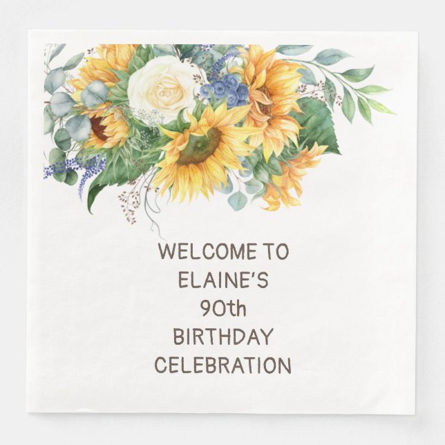 Sunflowers Eucalyptus 90th Birthday Paper Dinner Napkins (Front)