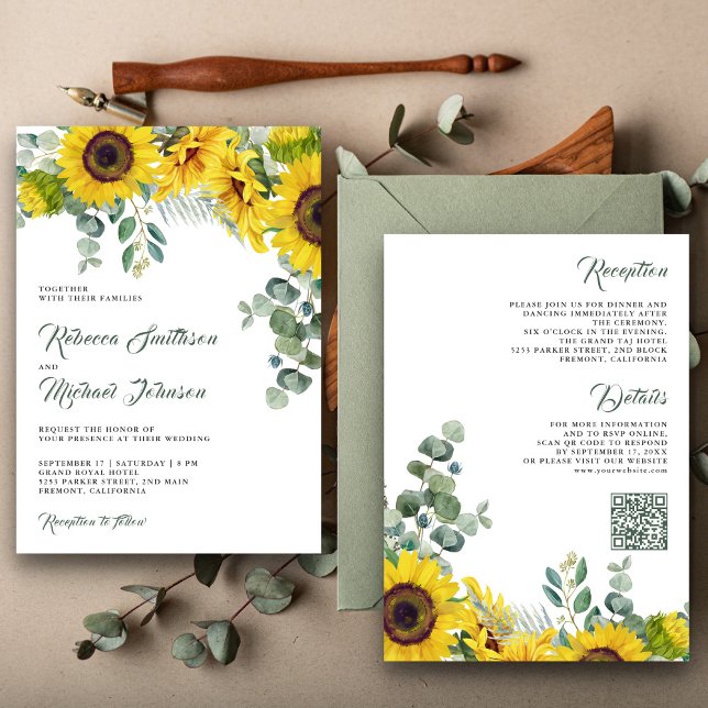 Sunflowers Eucalyptus All in One QR Code Wedding Invitation (Creator Uploaded)