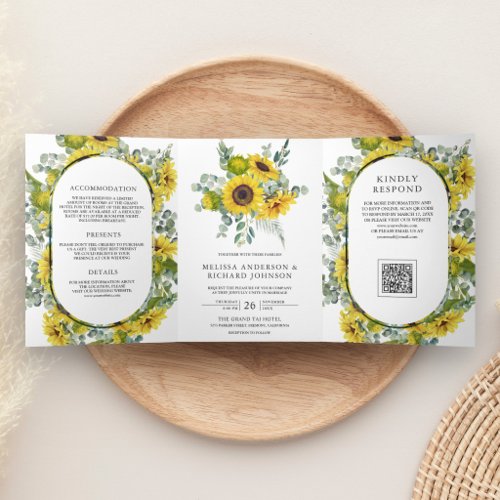 Sunflowers Eucalyptus All in One QR Code Wedding Tri-Fold Invitation