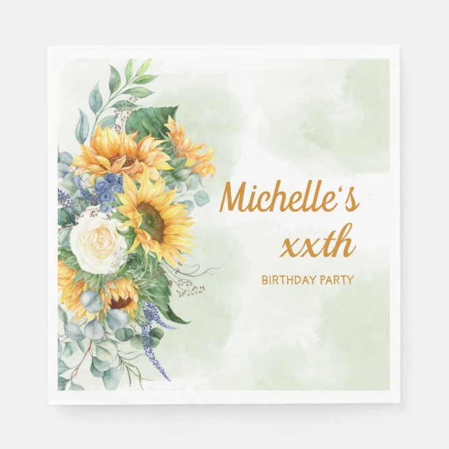Sunflowers Eucalyptus Any Age Birthday Party Napkins (Front)
