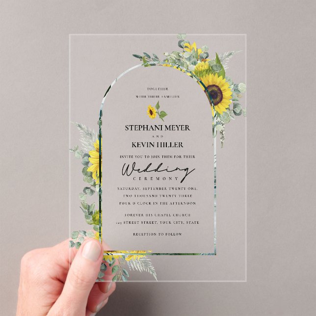 Sunflowers & Eucalyptus Arched Wedding Acrylic Invitations (Insitu (Handheld))