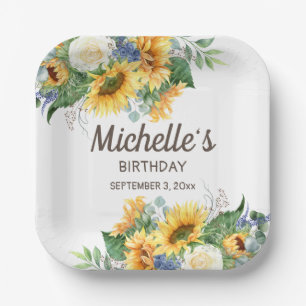 Sunflowers Eucalyptus Birthday Party Name Date Paper Plates