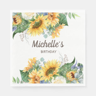 Sunflowers Eucalyptus Birthday Party Name White Napkins