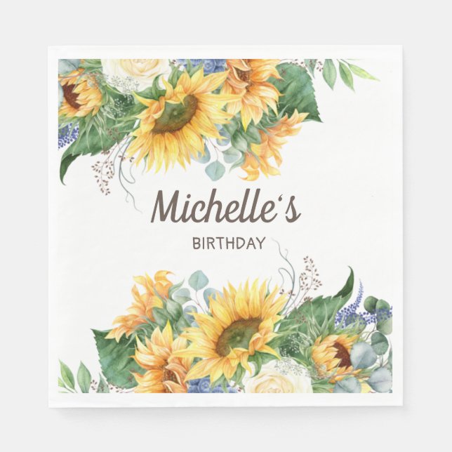 Sunflowers Eucalyptus Birthday Party Name White Napkins (Front)