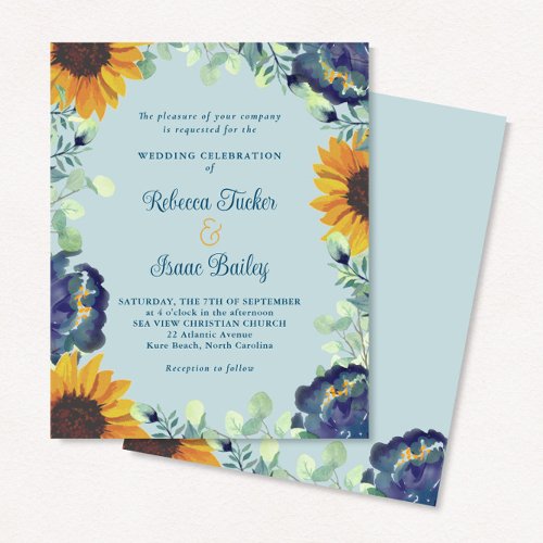 Sunflowers Eucalyptus Blue Floral Wedding Invite