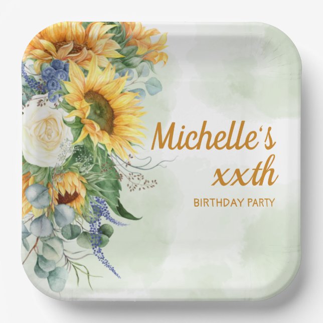 Sunflowers Eucalyptus Botanical Woman's Birthday  Paper Plates (Front)