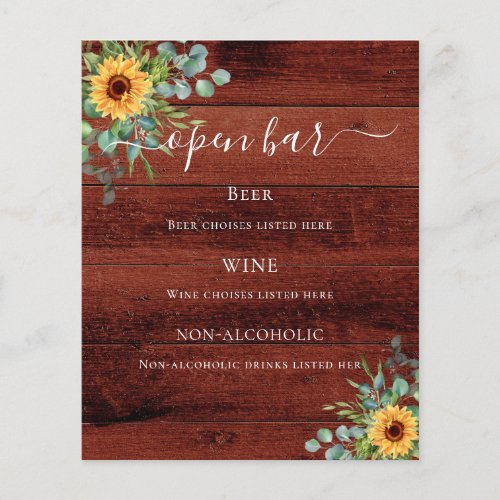 Sunflowers eucalyptus brown wood bar menu