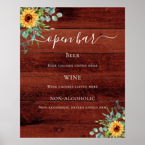 Sunflowers eucalyptus brown wood bar menu poster