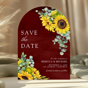 Sunflowers Eucalyptus Burgundy Arch Photo Wedding Save The Date