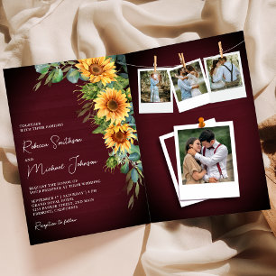 Sunflowers Eucalyptus Burgundy QR Code Wedding Invitation