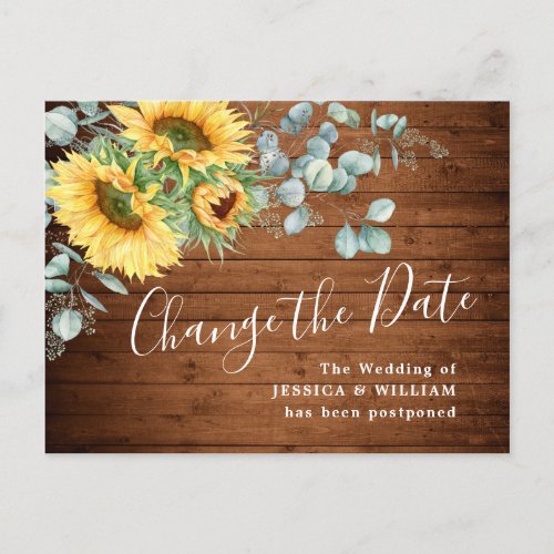 Sunflowers Eucalyptus Chic Wedding Change the Date Postcard