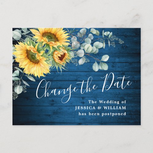 Sunflowers Eucalyptus Chic Wedding Change the Date Postcard