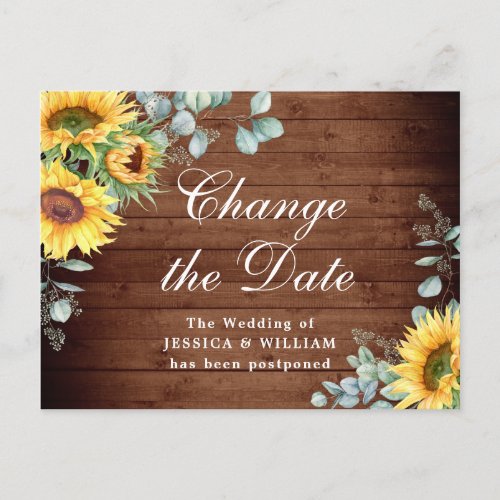 Sunflowers Eucalyptus Chic Wedding Change the Date Postcard