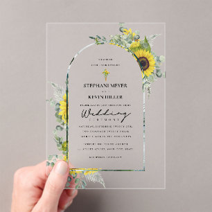 Sunflowers & Eucalyptus Cross Wedding Acrylic Invitations