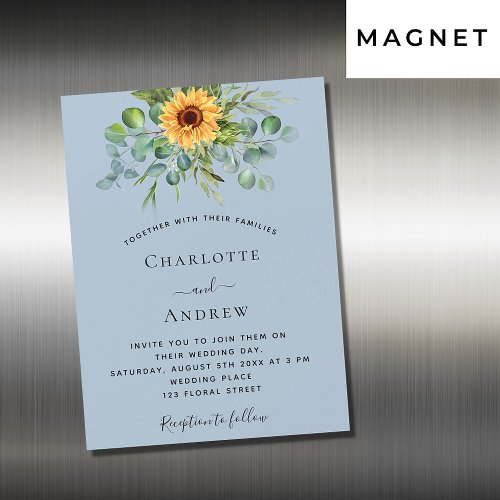 Sunflowers eucalyptus dusty blue luxury wedding magnetic invitation