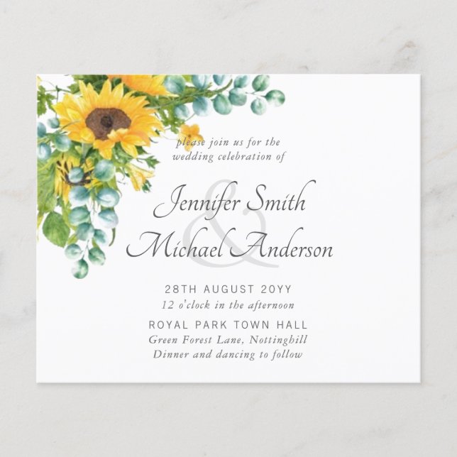 Sunflowers Eucalyptus Floral Leaf Wedding Invites (Front)