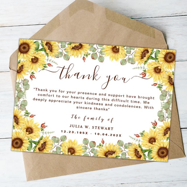 Sunflowers Eucalyptus Funeral Thank You Note Card (Creator Uploaded)