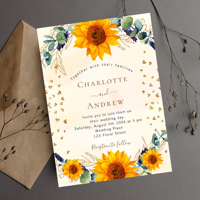Sunflowers eucalyptus gold hearts luxury wedding invitation (Creator Uploaded)