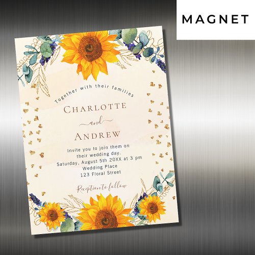 Sunflowers eucalyptus gold hearts luxury wedding magnetic invitation