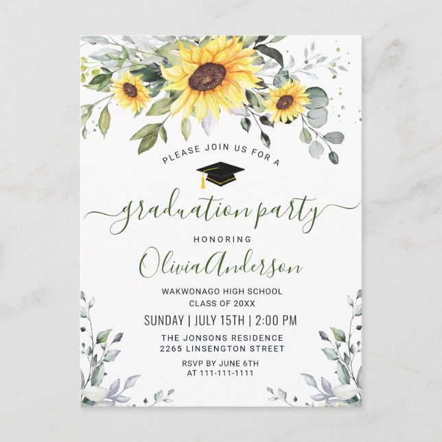 Sunflowers Eucalyptus Graduation Party Invitation Postcard (Front)