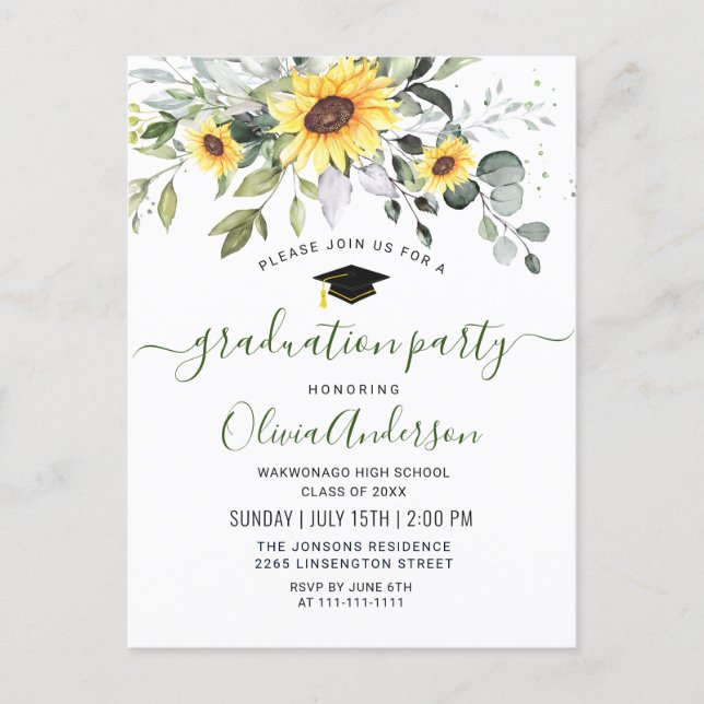 Sunflowers Eucalyptus Graduation Party Invitation Postcard (Front)