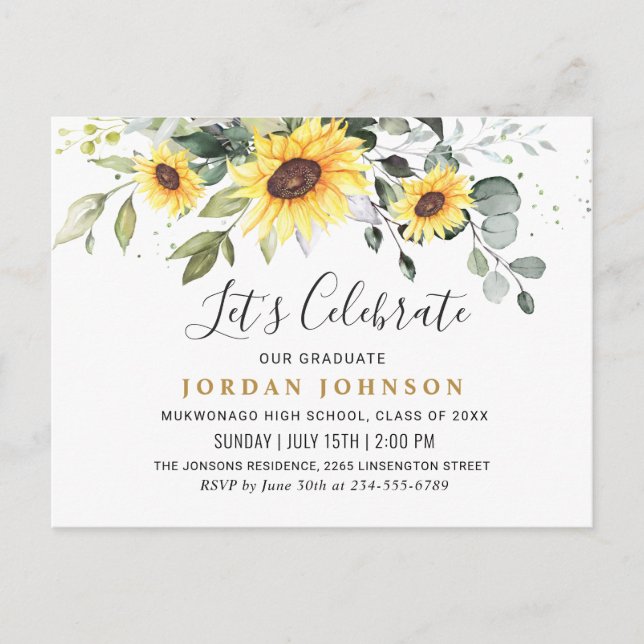 Sunflowers Eucalyptus Graduation Party Invitation Postcard (Front)