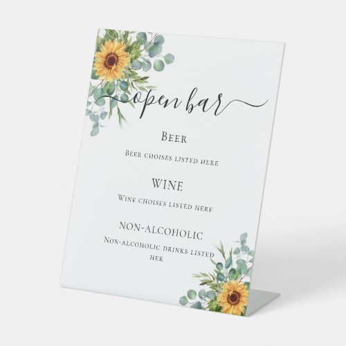 Sunflowers eucalyptus greenery bar menu pedestal sign