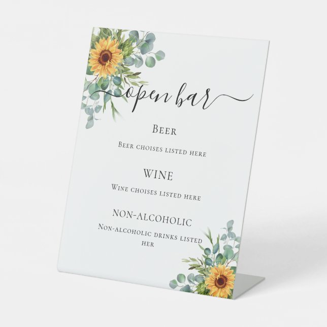 Sunflowers eucalyptus greenery bar menu pedestal sign (Front)