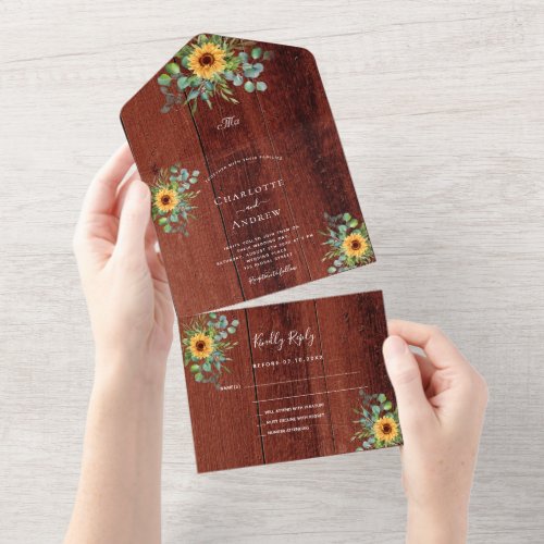 Sunflowers eucalyptus greenery brown wood wedding all in one invitation