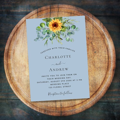 Sunflowers eucalyptus greenery dusty blue wedding invitation postcard