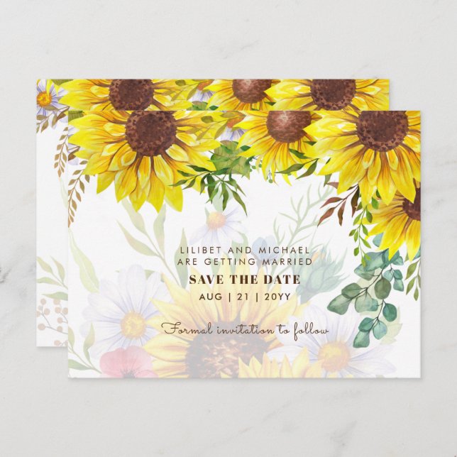 Sunflowers Eucalyptus Greenery Wedding SAVE DATES Postcard (Front/Back)