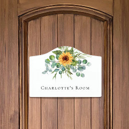 Sunflowers eucalyptus greenery white name  door sign