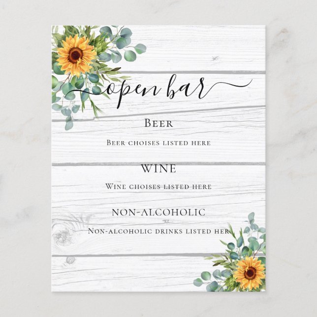 Sunflowers eucalyptus greenery wood bar menu (Front)