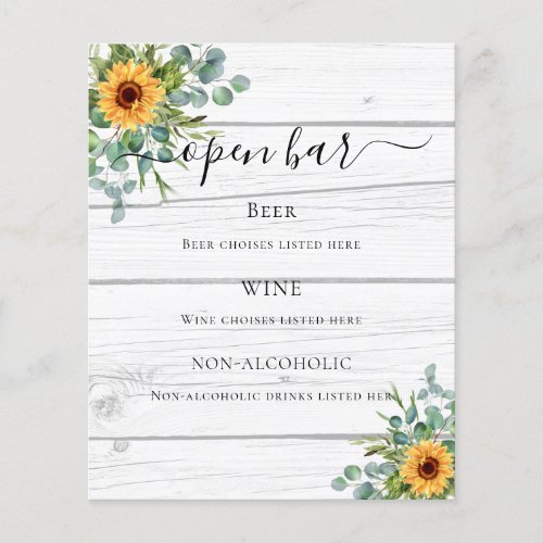 Sunflowers eucalyptus greenery wood bar menu