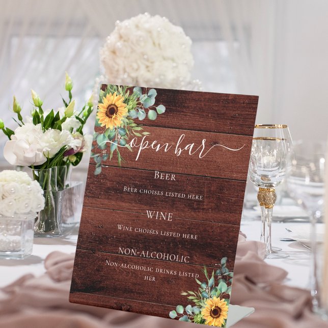 Sunflowers eucalyptus greenery wood bar menu pedestal sign (Creator Uploaded)