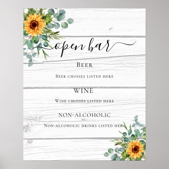 Sunflowers eucalyptus greenery wood bar menu poster (Front)