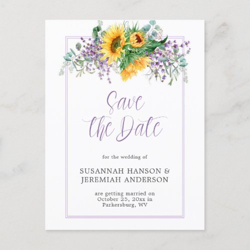 Sunflowers Eucalyptus Lavender Save The Date Announcement Postcard