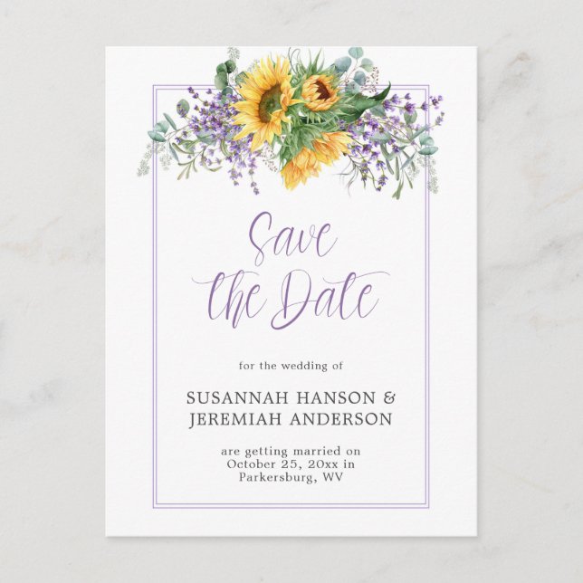 Sunflowers Eucalyptus Lavender Save The Date Announcement Postcard (Front)