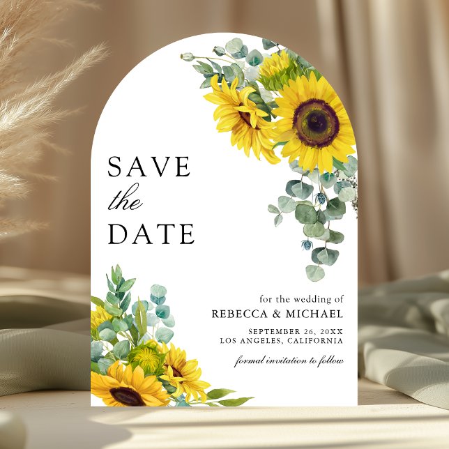 Sunflowers Eucalyptus Leaves Arch Photo Wedding Save The Date (Front)