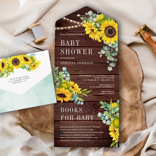Sunflowers Eucalyptus Leaves Barn Wood Baby Shower All In One Invitation