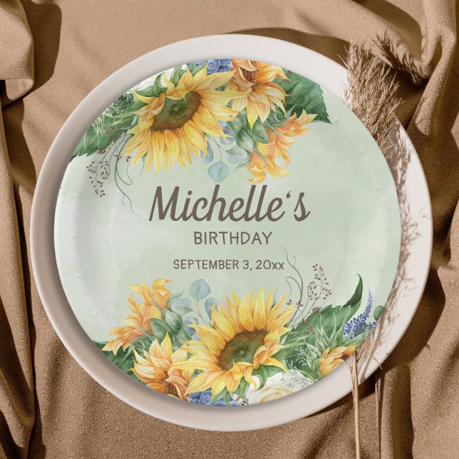 Sunflowers Eucalyptus Leaves Birthday Name Date Paper Plates (Sunflowers and eucalyptus birthday party paper plates)