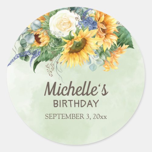 Sunflowers Eucalyptus Leaves Birthday Party Name  Classic Round Sticker