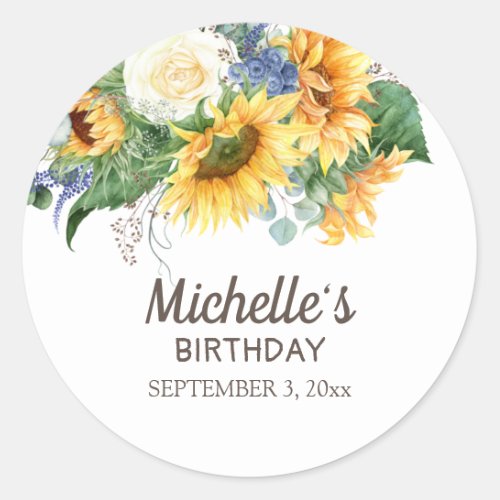 Sunflowers Eucalyptus Leaves Birthday Party Name  Classic Round Sticker