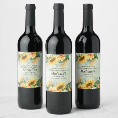 Sunflowers Eucalyptus Leaves Birthday Party  Wine Label