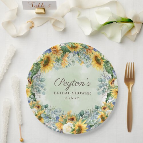 Sunflowers Eucalyptus Leaves Bridal Shower Paper Plates