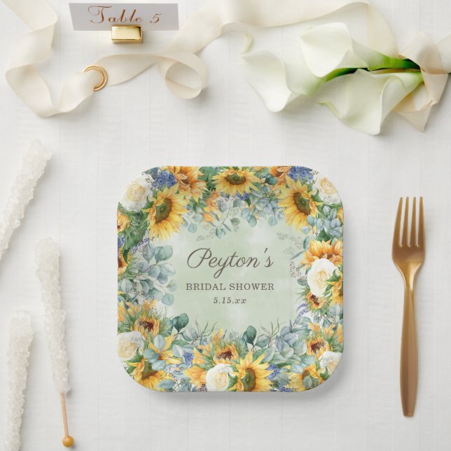 Sunflowers Eucalyptus Leaves Bridal Shower Square Paper Plates (Wedding)