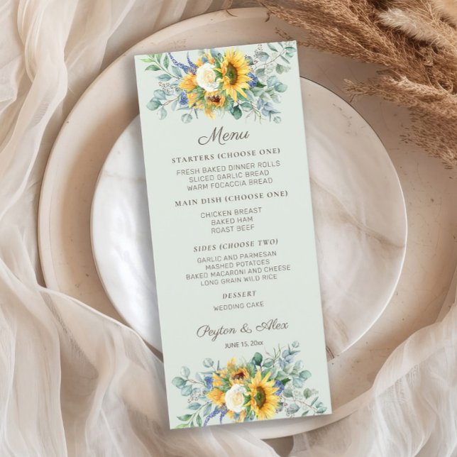 Sunflowers Eucalyptus Leaves Wedding Reception Menu (Sunflowers and eucalyptus wedding menu)