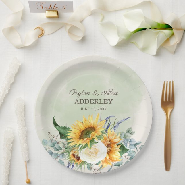 Sunflowers Eucalyptus Leaves Wedding Reception Paper Plates (Wedding)