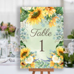 Sunflowers Eucalyptus Leaves Wedding Reception  Table Number<br><div class="desc">Elegant yellow sunflowers and sage green eucalyptus leaves wedding reception table number formatted vertically. Customize one card for each table.</div>