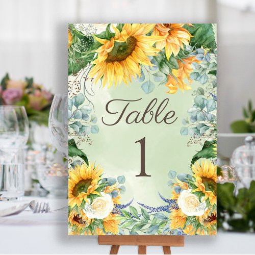 Sunflowers Eucalyptus Leaves Wedding Reception  Table Number